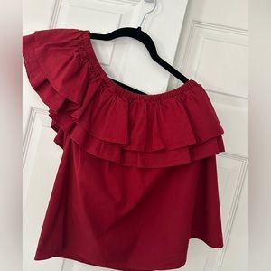 Super cute one shoulder deep red ruffle top